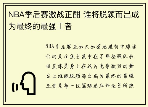 NBA季后赛激战正酣 谁将脱颖而出成为最终的最强王者