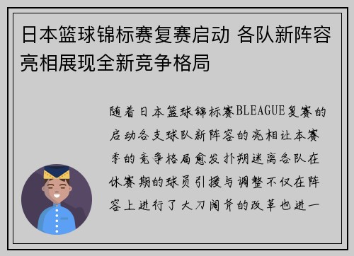 日本篮球锦标赛复赛启动 各队新阵容亮相展现全新竞争格局