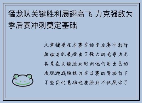 猛龙队关键胜利展翅高飞 力克强敌为季后赛冲刺奠定基础